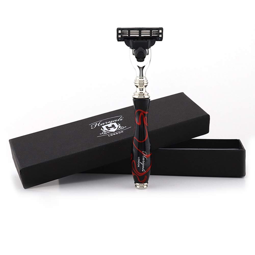 Haryali London 3 Edge Shaving Razor with Red And Black Design Resin Handle Beard And Mustache Safety Razor For Men