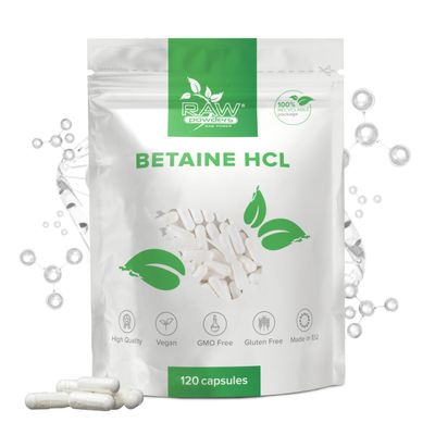 Betaine HCl 650mg 120 Vegan Capsules | High Strength Betaine Hydrochloride | Supports Stomach Acidity & Protein Digestion | Digestive Support | 4 Months Supply | Raw Powders