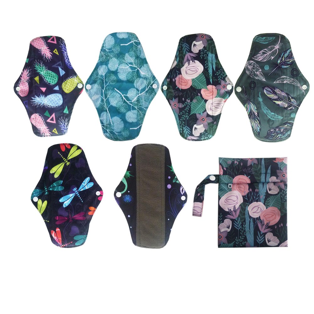 6PCS 10 Inch Charcoal Menstrual Pads Reusable Washable+1 Wet Bag (NMC10-6-01)