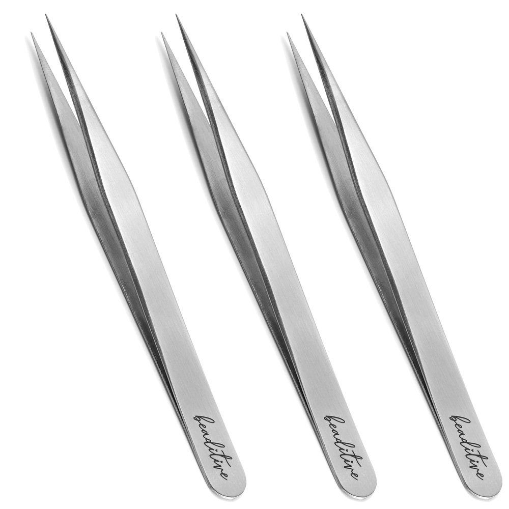 Beaditive High Precision Craft Tweezers 3 Pack - 4.7" Stainless Steel Needle Nose Set for Sewing, Beading & DIY Crafts - Non-Serrated Jewelry Tweezer with Fine Point Tips