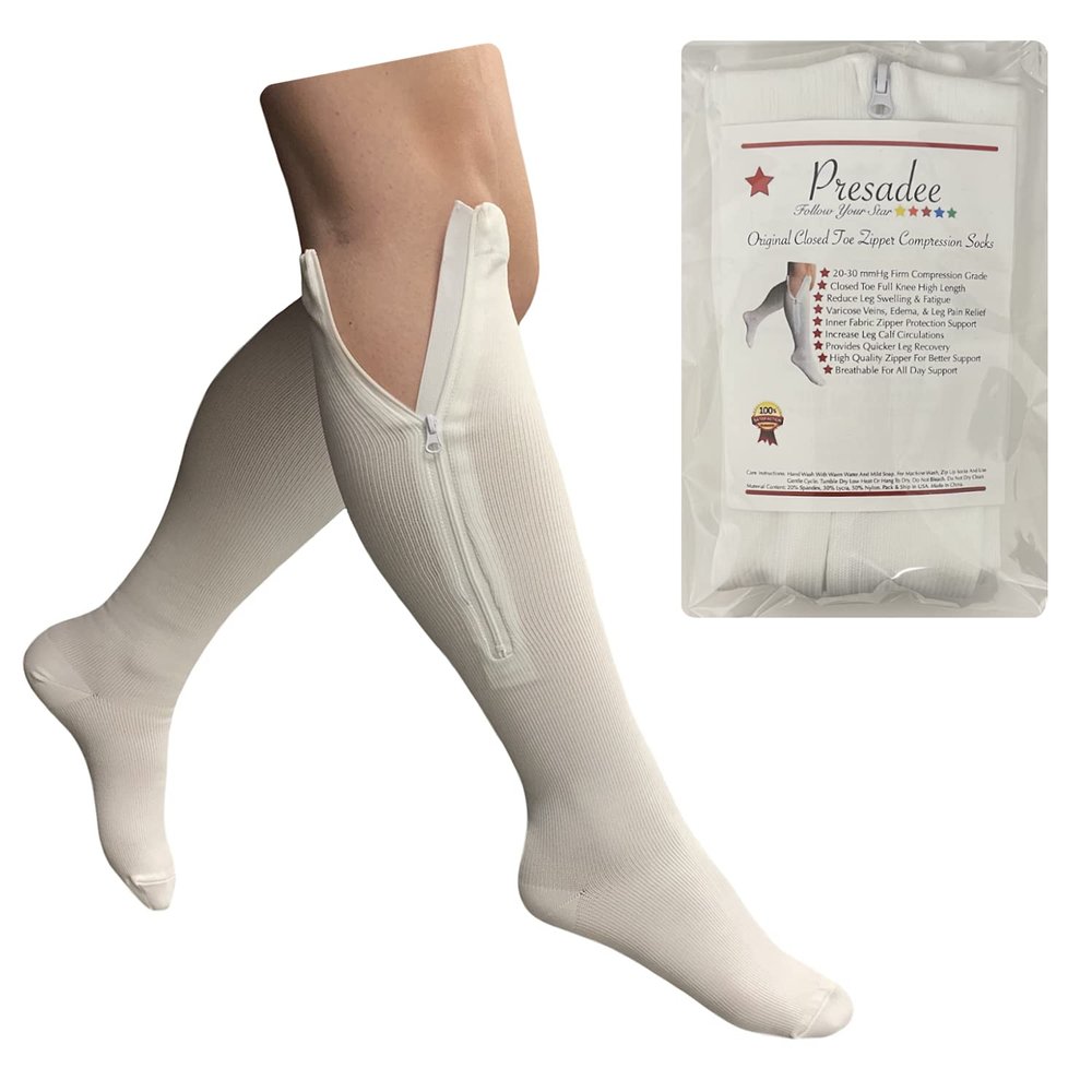 Presadee Original White 20-30 mmHg Firm Compression Leg Zipper Closed Toe Socks (2X-Large)