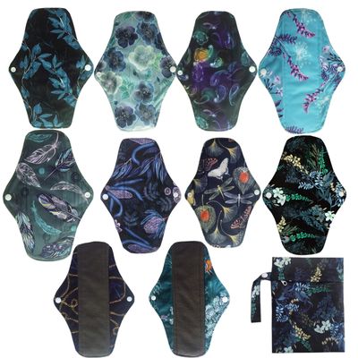 10PCS 10 Inch Charcoal Bamboo Cloth Reusable Washable Menstrual Pads Sanitary Pads+1 Wet Bag (NCM-M10-01)