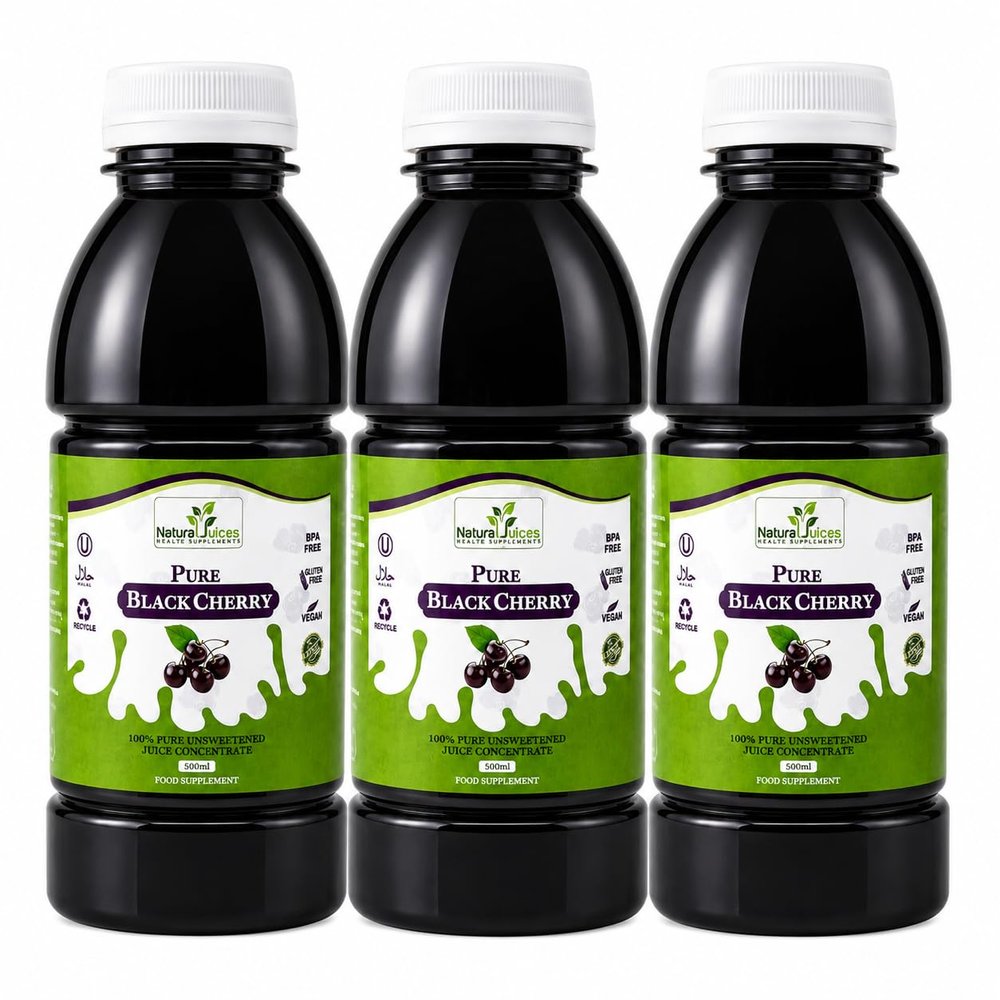Natural Juices Pure Black Cherry Juice Concentrate 500ml | SuperSaver Pack of 3 Bottles| No Added Sugar | No Preservatives or Additives | Gluten Free | Vegan Friendly