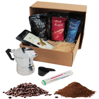 Coffee Gift Set with 4 Types of Premium Espresso Angel (Ground), Espresso Maker and Latte Pen Plus Free Coffee Measure in Gift Box | Country Coffee Gift Set