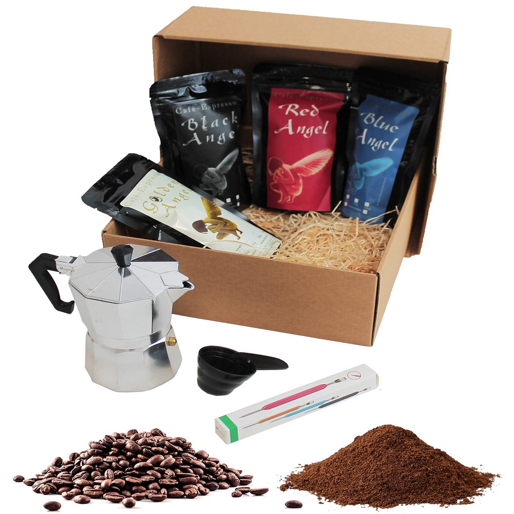 Coffee Gift Set with 4 Types of Premium Espresso Angel (Ground), Espresso Maker and Latte Pen Plus Free Coffee Measure in Gift Box | Country Coffee Gift Set