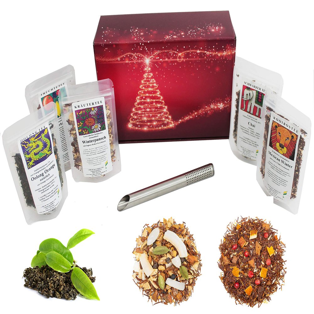 Tea Tasting Package in Christmas Gift Package with 5 x 25 g Christmas Tea and Stainless Steel Tea Filter | Tea Gift Set Christmas Santa Claus