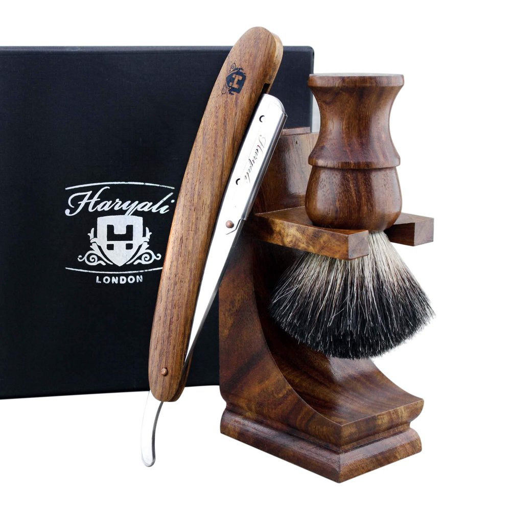 Haryali London Shaving Kit - 3 Pc Wooden Shaving Kit  Professional Cut Throat Razor Kit - Cut Throat Razor - Badger Shaving Brush - Shaving Stand from Wood - Sustainable Gift Set