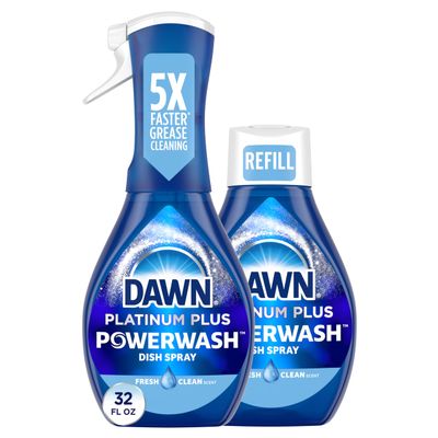 Dawn Powerwash Spray Starter Kit, Platinum Dish Soap, Fresh Scent, 1 Starter Kit + 1 Dawn Powerwash Refill, 16 fl oz each.