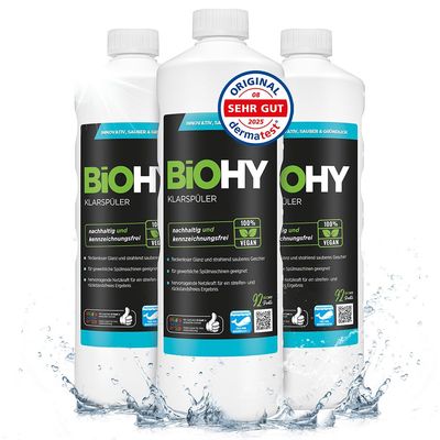 BiOHY Rinse Aid (3 x 1l Bottle) | Ecological high Concentrate | Suitable for All (Commercial) dishwashers, for Unbeatable Shine on Glasses | BIO-logically degradable (Klarspler)