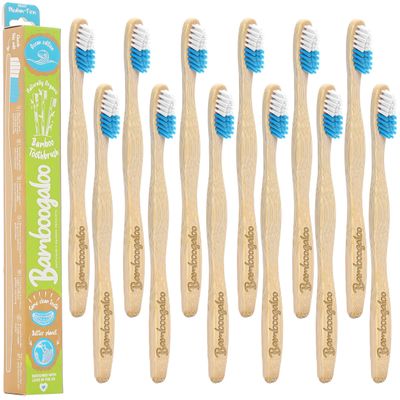 BAMBOOGALOO Pack of 12 Organic Adult BambooToothbrushes - Premium UK Brand, Wooden Toothbrush with Sustainable Plastic-Free Packaging, Beautifully Crafted Ocean Edition