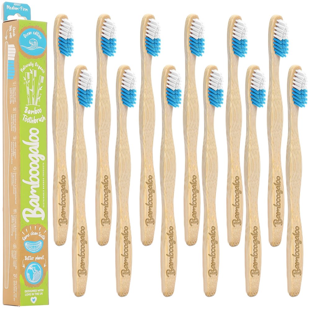 BAMBOOGALOO Pack of 12 Organic Adult BambooToothbrushes - Premium UK Brand, Wooden Toothbrush with Sustainable Plastic-Free Packaging, Beautifully Crafted Ocean Edition