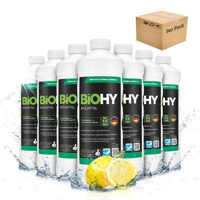 BiOHY Detergent (9 x 1l Bottle) | Free of harmful chemicals & biodegradable | Gloss & fat dissolving formula | Suitable for catering, industry and household (Splmittel)
