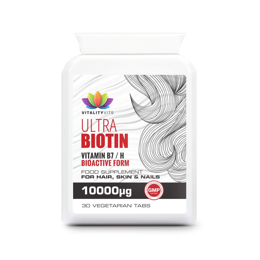 Biotin 10,000MCG Vegan Supplement for Hair Growth  Healthy Hair, Skin and Nails  Vitamin B7  UK Manufactured GMP to Guaranteed Quality (30s)