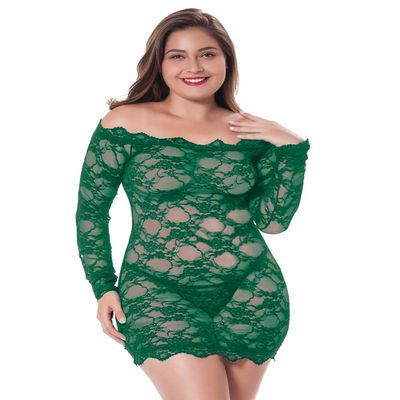 LINGERLOVE Womens Plus Size Sexy Long Sleeve Lace Babydoll Lingerie Off Shoulder See Through Chemise Bodysuit Green