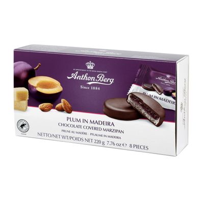 Anthon Berg Dark Chocolate Covered Marzipan Treats, Plum in Madeira, with a Delicious Jam of Fresh Fruits, 220 g Box, (Pack of 1)