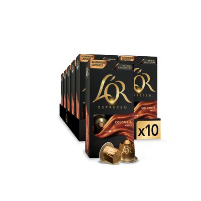 LOR Espresso Coffee Colombia Intensity 8 Nespresso* Compatible Aluminium Coffee Capsules - 10 Packs of 10 Capsules (100 Drinks)