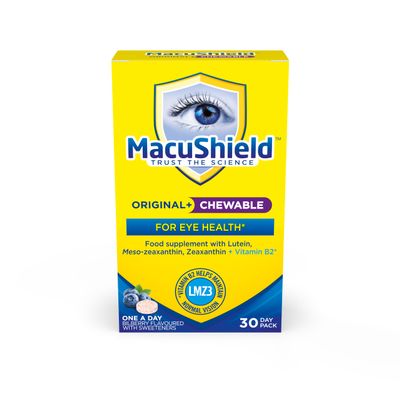 MacuShield Original Plus Chewable  30 Day Pack, Eye Health Supplement with Lutein, Zeaxanthin and Meso-zeaxanthin + Vitamin B2 (Riboflavin) which Helps Support Normal Vision, Bilberry Flavour