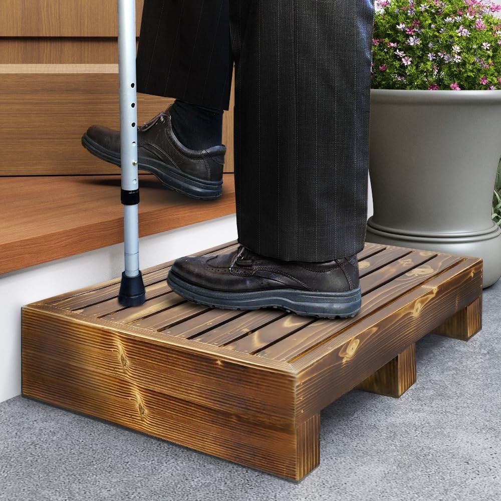 100% Solid Wood Indoor/Outdoor 3 1/2" High Riser Step - Non-Slip All Weather Top & Feet Mobility Assistance