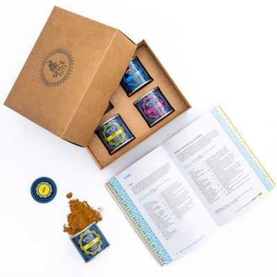 Spice Pots Curry Making Gift Set with Indian Cookbook Korma, Bhuna, Goan & Tandoori | Fathers Day Gift for Men | Curry Night & Takeaway Kit | Vegan, Gluten Free | 8 Family Meals