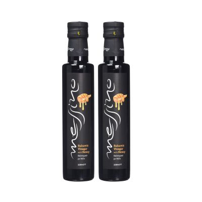 Messino Greek Balsamic Vinegar with Honey  From Kalamata  2 x 250ml Glass Bottles (Total 500ml)  Sweet & Tangy, Thick Texture  No Added Sugar  Vegetarian  ISO 22000 Certified