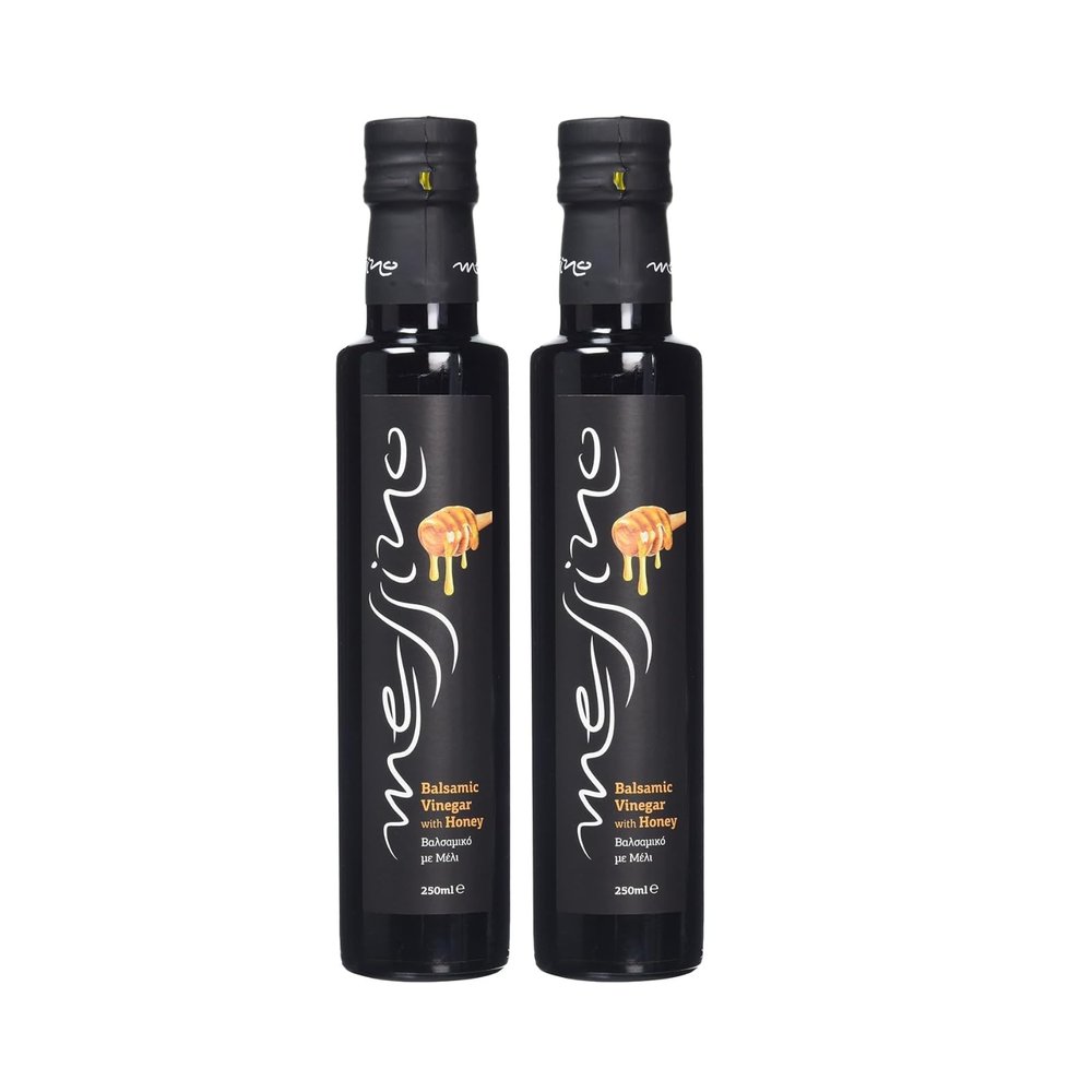 Messino Greek Balsamic Vinegar with Honey From Kalamata 2 x 250ml Glass Bottles (Total 500ml) Sweet & Tangy, Thick Texture No Added Sugar Vegetarian ISO 22000 Certified