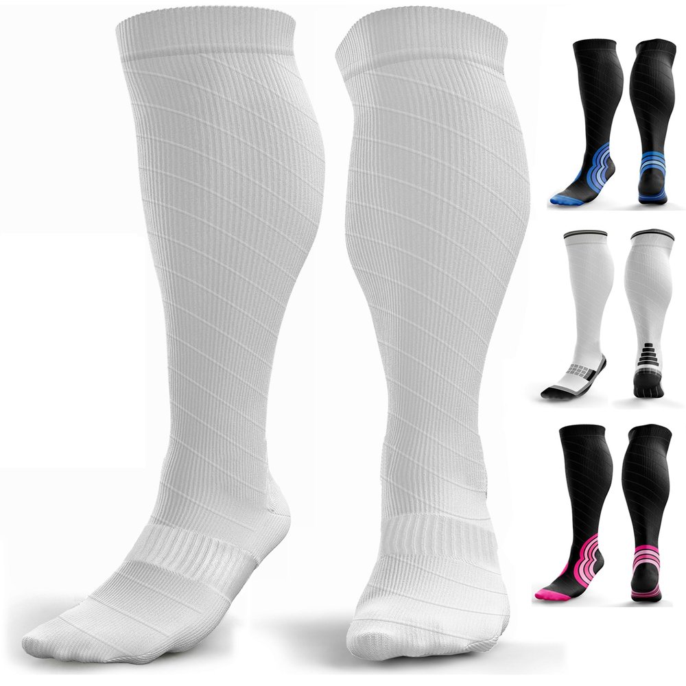 aZengear Compression Socks (20-30mmHg) Anti DVT Air Flying Knee-High Flight Travel Stockings, Swollen Legs, Varicose Veins, Running, Shin Splints Calf Pressure Support, Sports (White S/M)