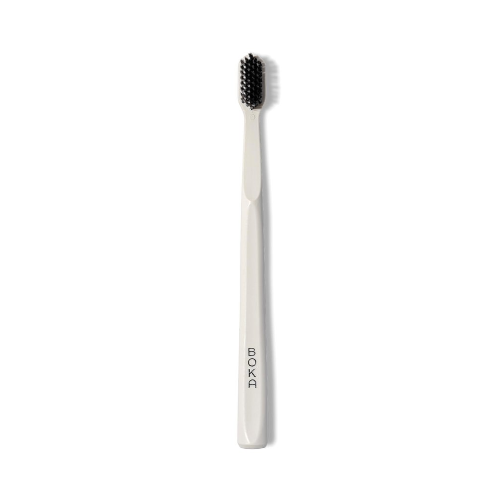 Boka Classic Denture Brushes with Activated-Charcoal, Extra Soft Dental Toothbrush with Bioplastic Handle and Cap, Dentist-Approved for Adults and Kids (Pack of 1, White)