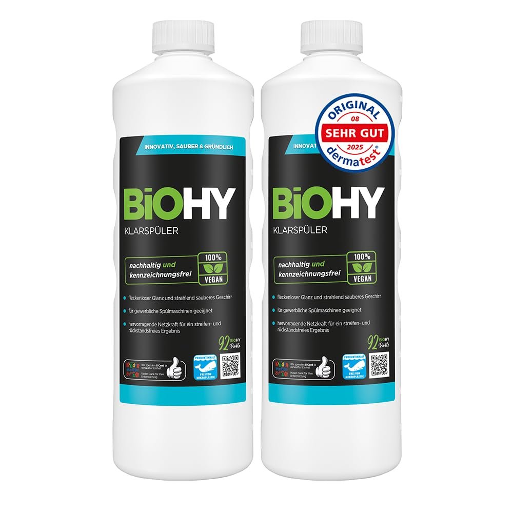 BiOHY Rinse Aid (2 x 1l Bottle) | Ecological high Concentrate | Suitable for All (Commercial) dishwashers, for Unbeatable Shine on Glasses | BIO-logically degradable (Klarspler)