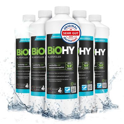 BiOHY Rinse Aid (6 x 1l Bottle) | Ecological high Concentrate | Suitable for All (Commercial) dishwashers, for Unbeatable Shine on Glasses | BIO-logically degradable (Klarspler)