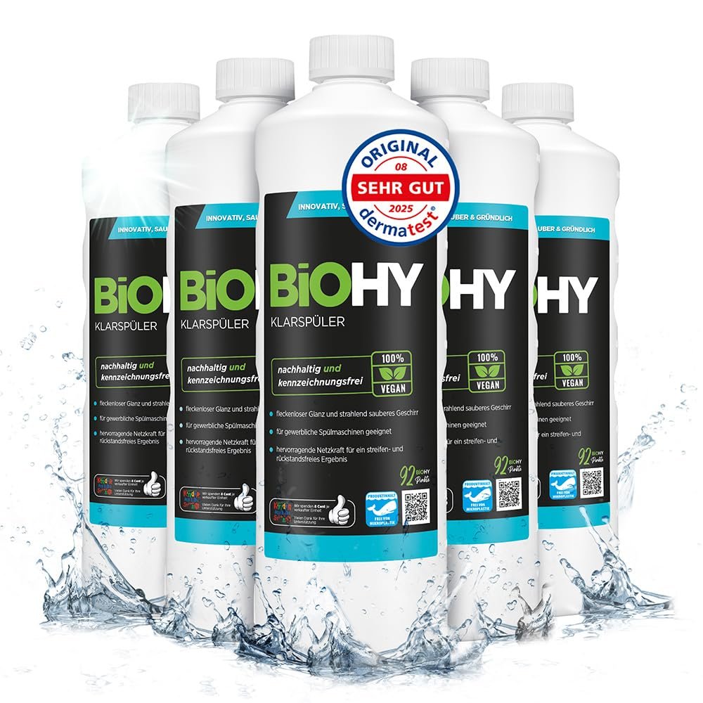 BiOHY Rinse Aid (6 x 1l Bottle) | Ecological high Concentrate | Suitable for All (Commercial) dishwashers, for Unbeatable Shine on Glasses | BIO-logically degradable (Klarspler)