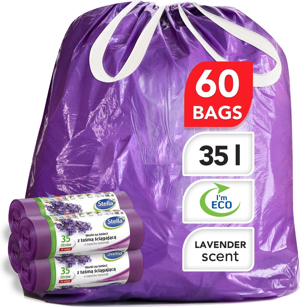 Stella Pack Strong Rubbish Bags for Office Use - Large drawstring garbage 35 litre capacity for waste, Perfect for home and kitchen bins, Eco-friendly plastic liners