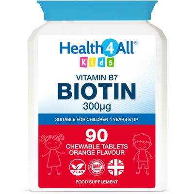 Health4All Kids D-Biotin 90 Chewable Tablets 3 Months Supply, Hair Growth and Strong Nails Supplement for Children 4+, Natural Vegan Orange Flavour, Sugar Free | Made in UK (not Gummies)