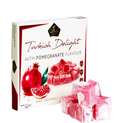 Cerez Pazari Turkish Delight with Pomegranate Flavour 230g, Gourmet Small Size Snacks Gift Box No Nuts Sweet Luxury Traditional Confectionery Vegan Candy Dessert Glucose Free Lokum