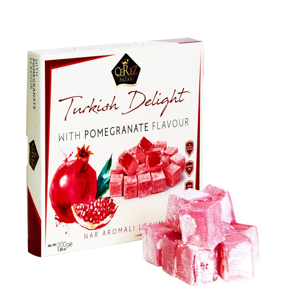 Cerez Pazari Turkish Delight with Pomegranate Flavour 230g, Gourmet Small Size Snacks Gift Box No Nuts Sweet Luxury Traditional Confectionery Vegan Candy Dessert Glucose Free Lokum
