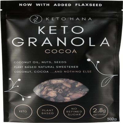 Keto Hana Cocoa Keto Granola Keto Diet Vegan Grain Free Dairy Free Plant Based No Refined Sugars Gluten Free 2.2g Net Carbs Breakfast Cereal - 300gr/0.6lbs