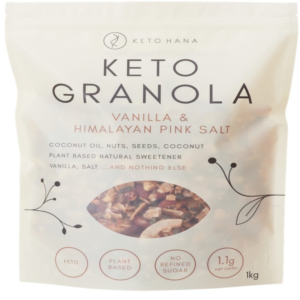 Keto Hana Vanilla & Pink Himalyan Salt Keto Granola Keto Diet Vegan Grain Free Dairy Free Plant Based No Refined Sugars Gluten Free 1.1g Net Carbs Breakfast Cereal - Bulk, Family Pack 1kg/2.2lbs