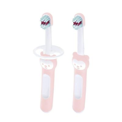 Mam Baby's Brush Baby Toothbrush Set of 2 Baby Toothbrushes with Safety Ring Short Handle Specific for Milk Teeth 6+ Months, Pink - 60g