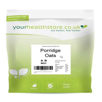 yourhealthstore Traditional Gluten Free Pure Whole Grain Porridge Oats 1kg, Non GMO, Vegan (Recyclable Pouch)