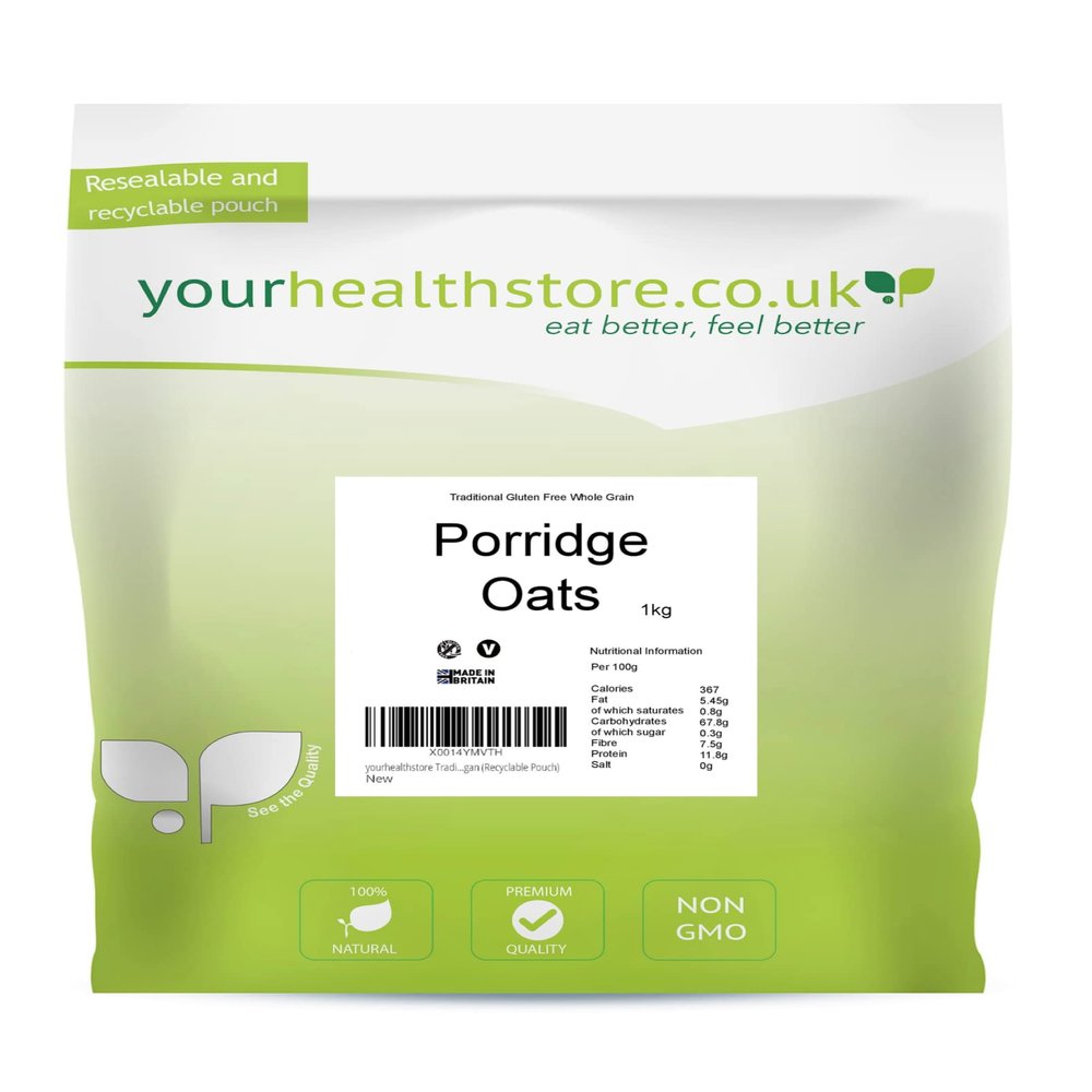 yourhealthstore Traditional Gluten Free Pure Whole Grain Porridge Oats 1kg, Non GMO, Vegan (Recyclable Pouch)