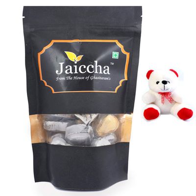 Jaiccha Ghasitaram Gifts Valentines Gift Valentines Day Chocolates for Girlfriend/Boyfriend/Husband and Wife Valentines Chocolate Hamper Sheen Heart Chocolates in Black Pouch and a Teddy