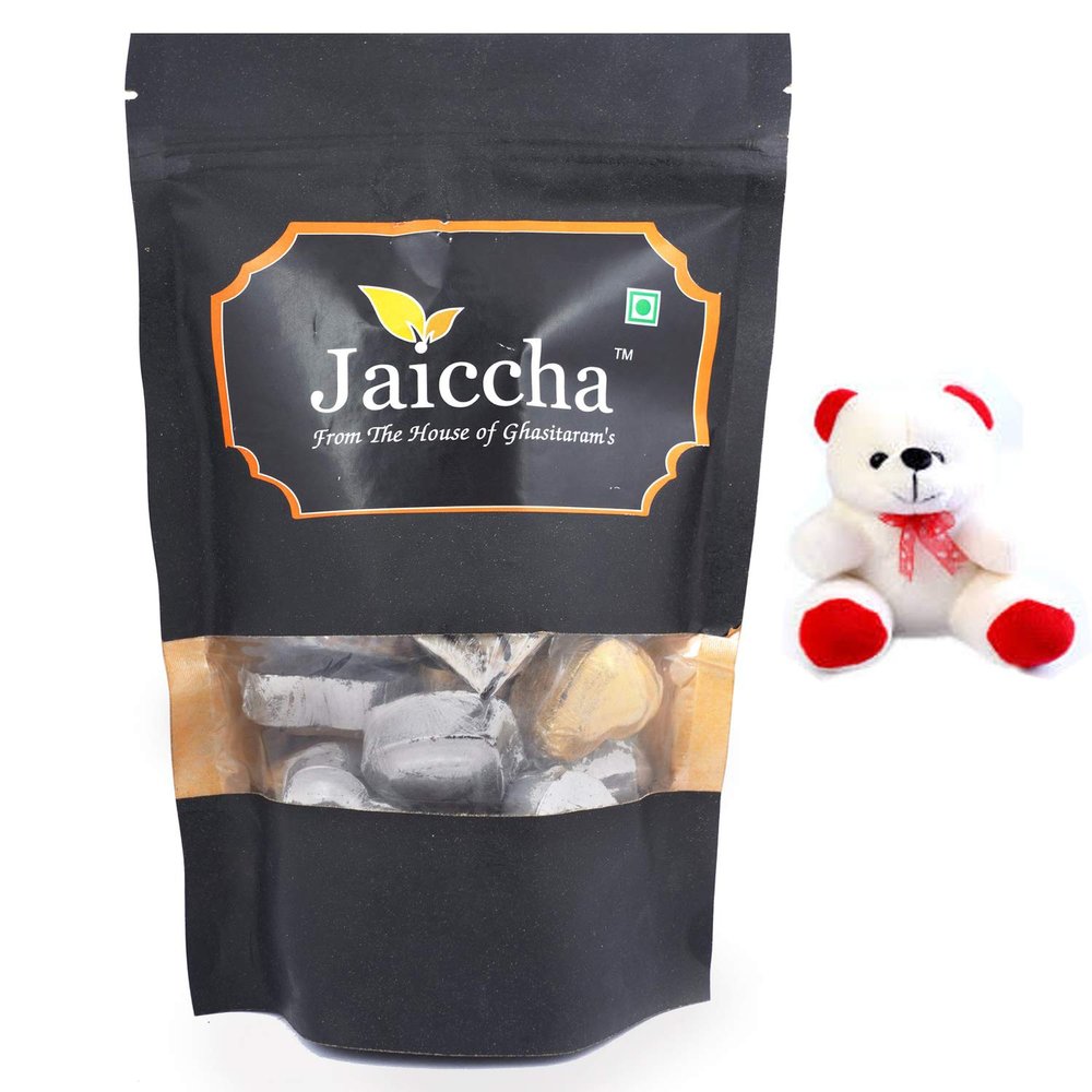 Jaiccha Ghasitaram Gifts Valentines Gift Valentines Day Chocolates for Girlfriend/Boyfriend/Husband and Wife Valentines Chocolate Hamper Sheen Heart Chocolates in Black Pouch and a Teddy