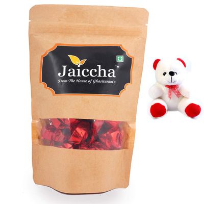 Jaiccha Ghasitaram Gifts Valentines Gift Valentines Day Chocolates for Girlfriend/Boyfriend/Husband and Wife Valentines Chocolate Hamper Heart Chocolates in Brown Pouch and a Teddy
