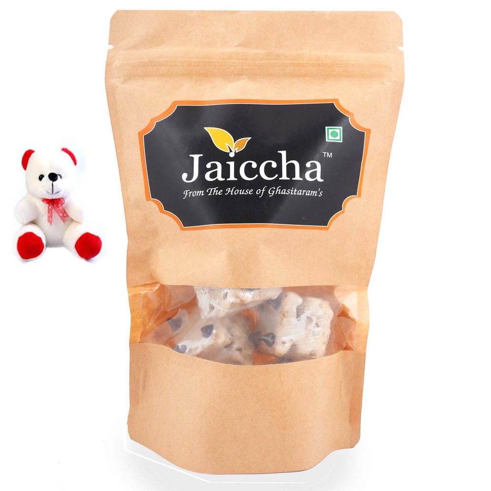 Jaiccha Ghasitaram Valentine Gifts - Valentine Sweets Cashew Crunchy Dryfruit Bites in a Brown Pouch and a Teddy
