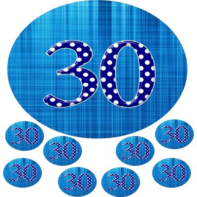 cdb 30th Birthday blue polka dots Round 7.5 Inch with 8 smaller cupcake toppers edible Iced Topper Frosting Icing Personalised