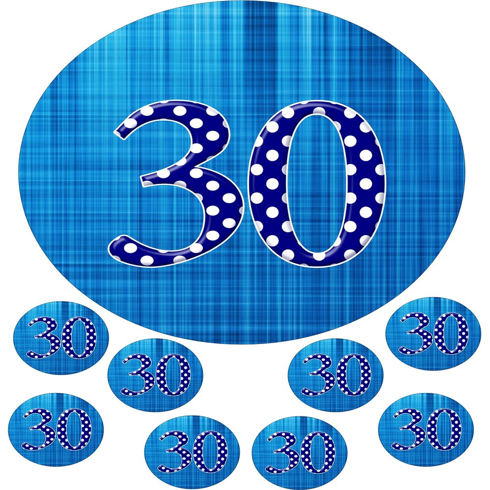 cdb 30th Birthday blue polka dots Round 7.5 Inch with 8 smaller cupcake toppers edible Iced Topper Frosting Icing Personalised