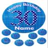 cdb 30th Birthday blue polka dots Round 7.5 Inch with 8 smaller cupcake toppers edible Iced Topper Frosting Icing Personalised view 2