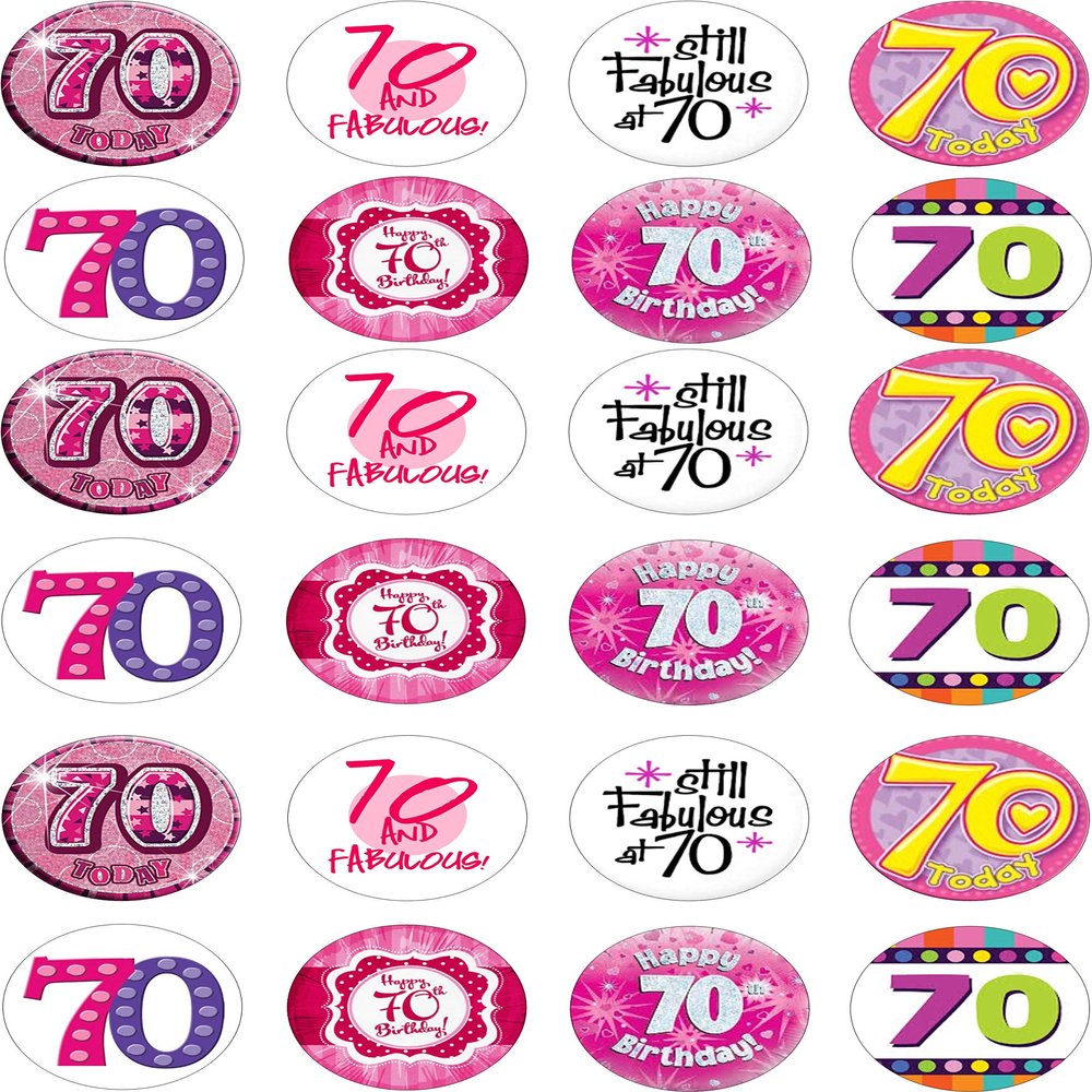 24 70th Birthday female party decorations cake Toppers Iced / Icing Cupcake Topper Edible Fairy Cake Bun Frosting Round