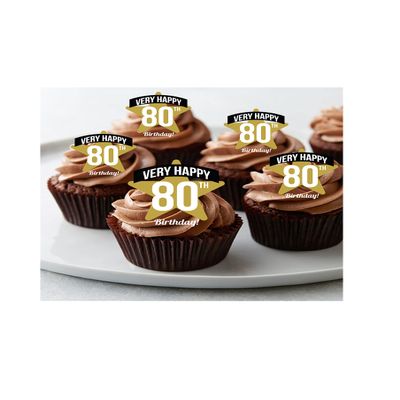12 80th Birthday Gold Star Standing edible party decorations Cupcake Cake Toppers Wafer Rice Card