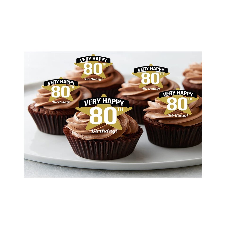 12 80th Birthday Gold Star Standing edible party decorations Cupcake Cake Toppers Wafer Rice Card