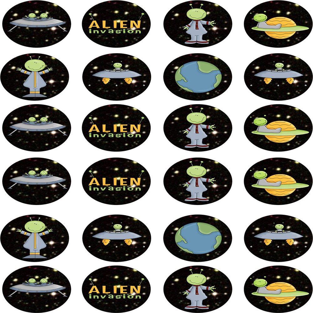 cdb 24 Aliens kids childrens party decorations Iced Cake Toppers Icing Cupcake Topper Edible Fairy Cake Bun Frosting Round